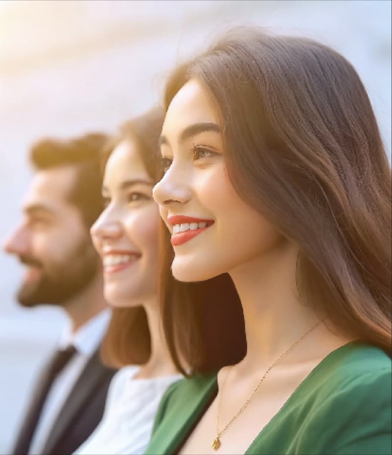 Photo de deux femmes et un homme souriants