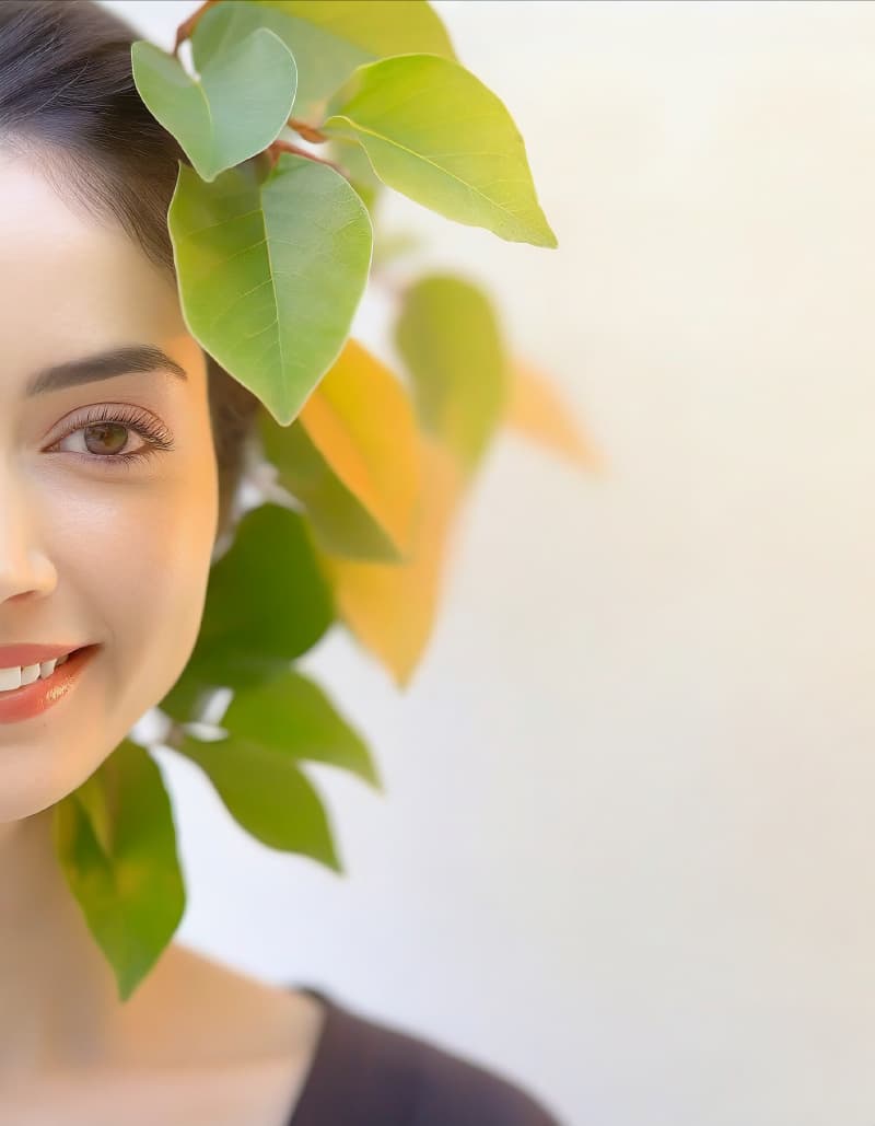 Photo d'une femme souriante avec des feuilles autour de la tête